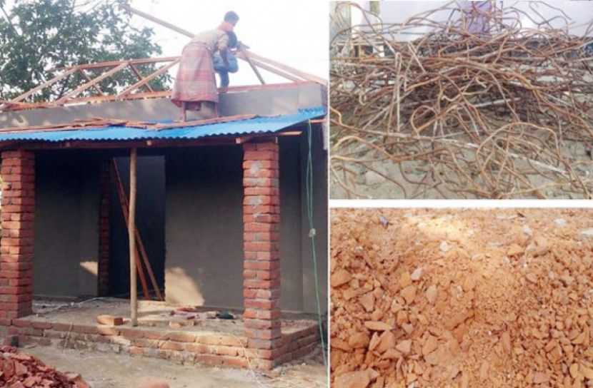 পুরাতন ইটের খোয়া ও রড দিয়ে তৈরি হচ্ছে সরকারি পাকা ঘর